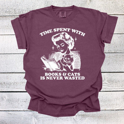 Time Spent with Books and Cats is Never Wasted Shirt