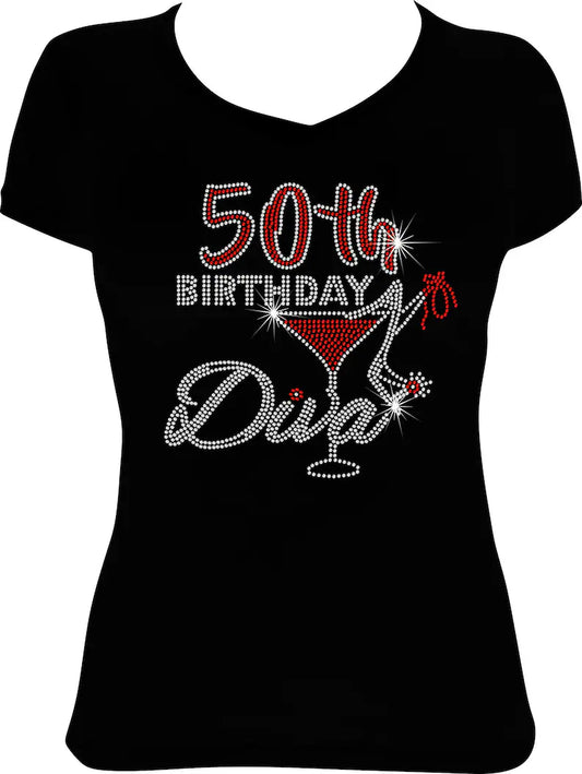 50th Birthday Diva Martini Rhinestone Shirt