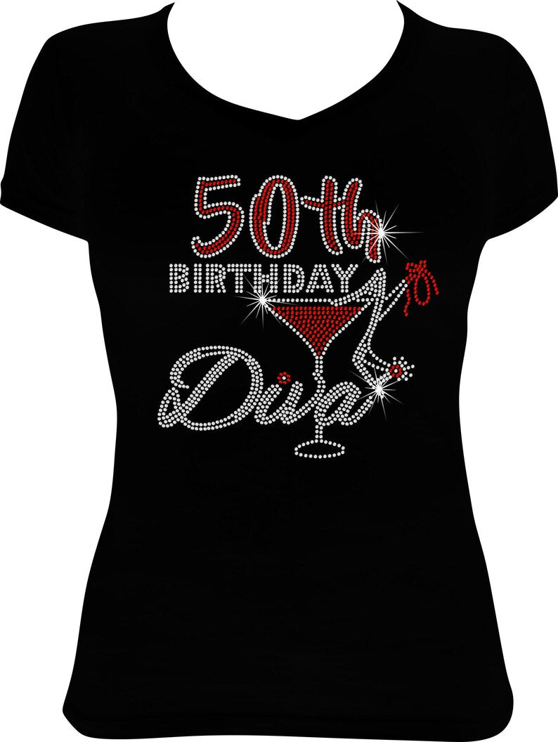 (Any Age) Birthday Diva Martini Rhinestone Shirt