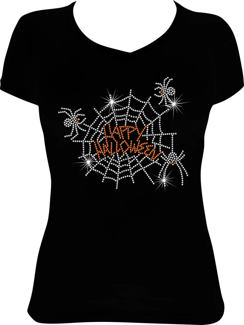 Happy Halloween Spider Web Rhinestone Shirt