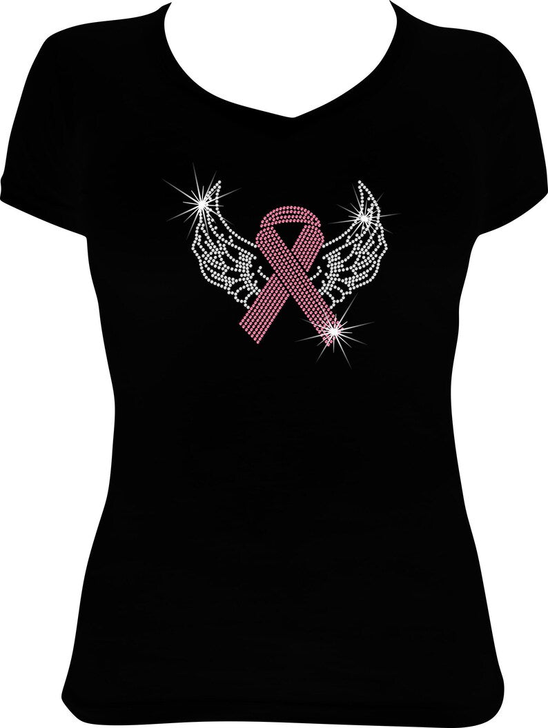 Cancer Ribbon with Wings Rhinestone Shirt