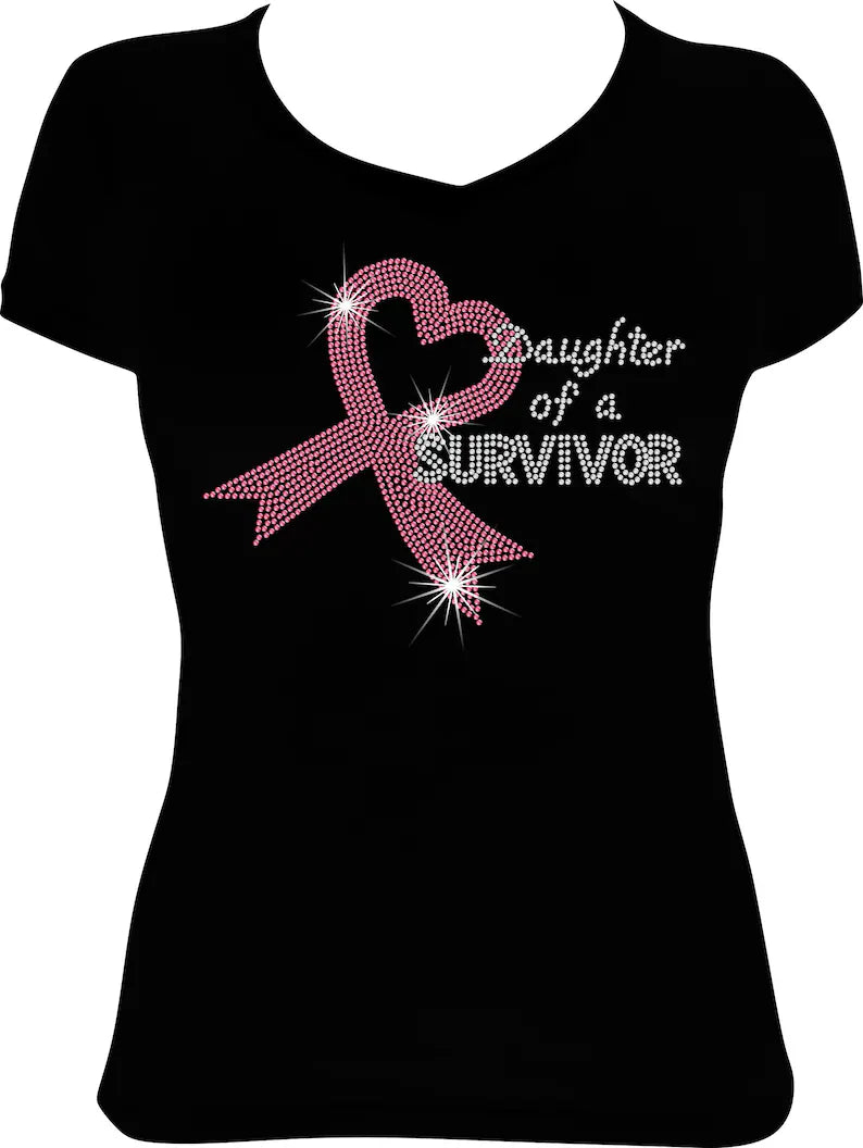 Daughter of a Survivor Heart Ribbon Rhinestone Shirt