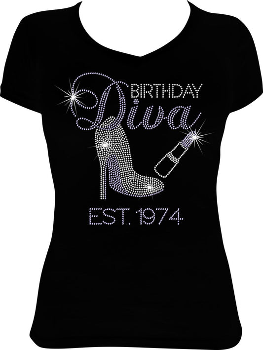 Birthday Diva Shoe and Lipstick Est. (Any Year) Rhinestone Shirt