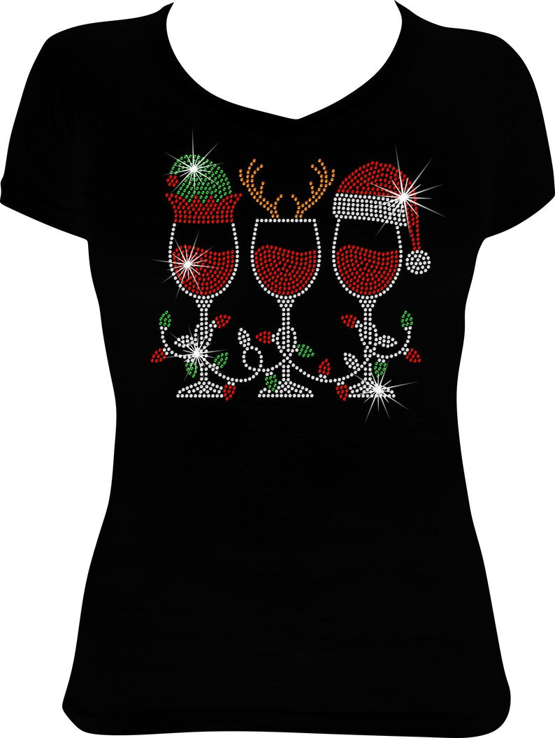 Christmas Elf Deer Santa Wine Rhinestone Shirt