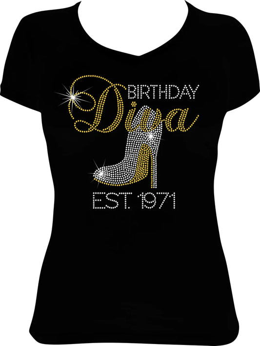 Birthday Diva Shoe Est. 1971 Rhinestone Shirt