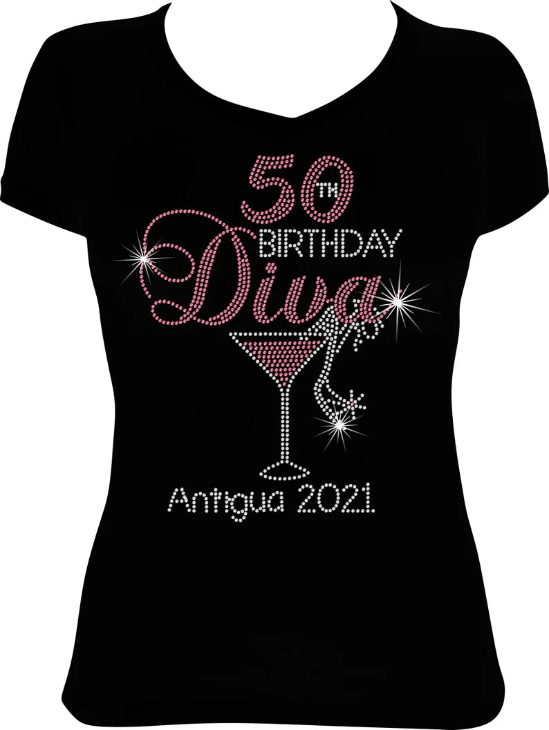 50th Birthday Diva Martini Destination Rhinestone Shirt