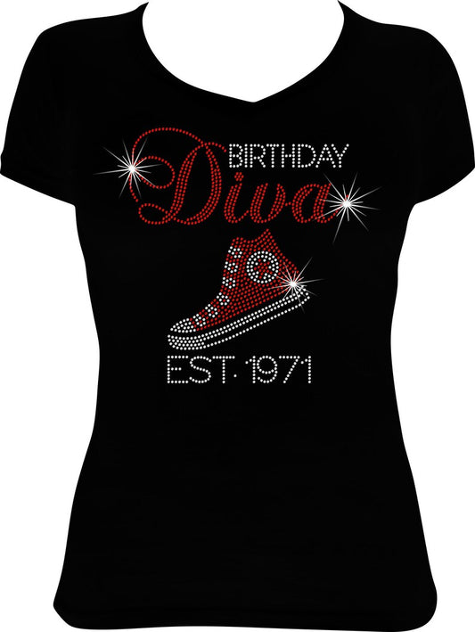Birthday Diva Est. (Any Year) Hight Top Sneaker Rhinestone Shirt