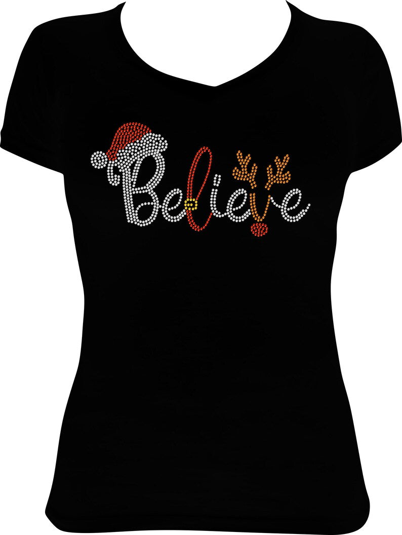 Believe Santa Hat Deer Rhinestone Shirt