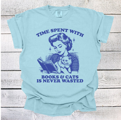 Book shirt Book Lover Shirt women Reading Shir Book Club shirt for women reading shirt Time Spent with Books and Cats is Never Wasted Shirt 