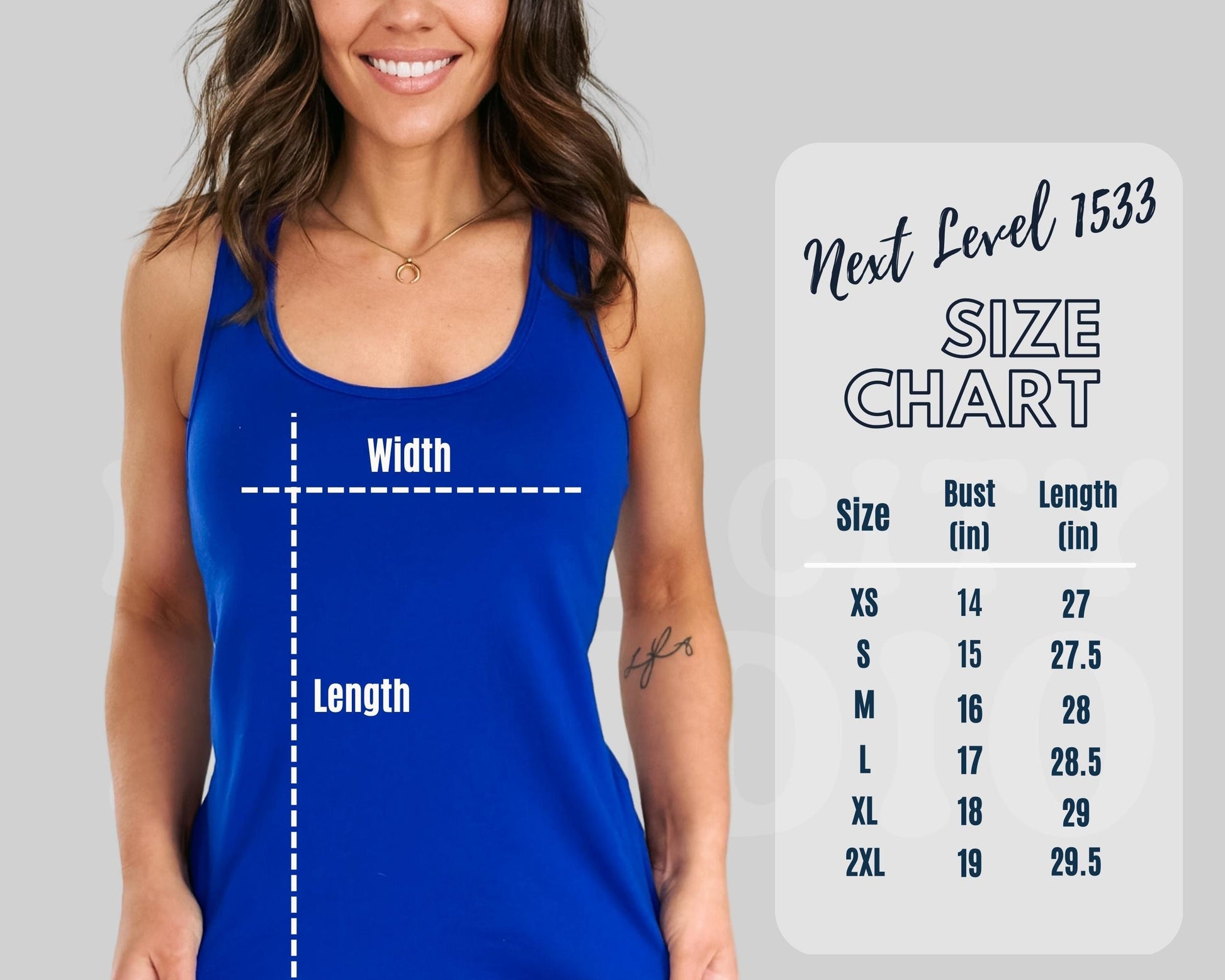 a woman wearing a blue tank top with measurements