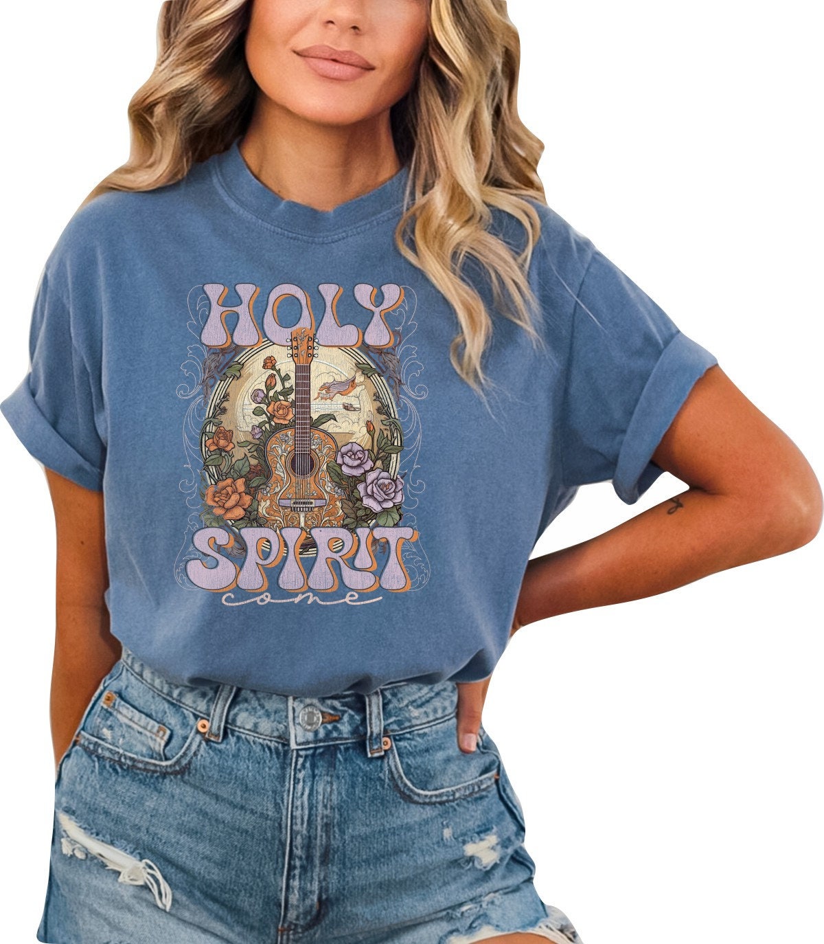 Christian Shirts Boho Christian Shirt Religious Tshirt Christian T Shirts Bible Verse Shirt Holy Spirit Come Guitar Shirt