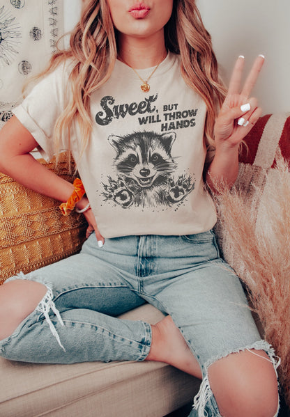 Adorable Sweet But Will Throw Hands Raccoon Grey Shirt - Funny Animal Tee