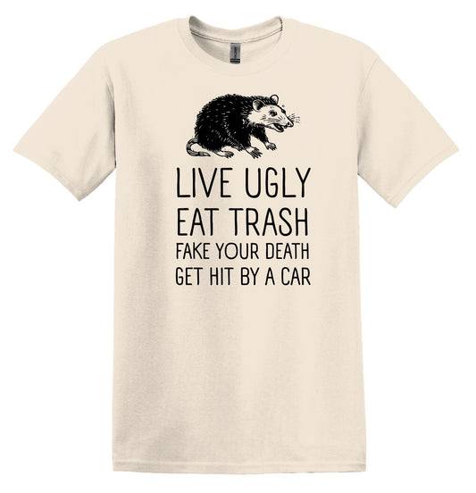 Live Ugly Eat Trash Fake Your Death Raccoon Shirt Graphic Shirt Funny Shirt Vintage Nostalgia T-Shirt Relaxed Meme Shirt Minimalist Shirt
