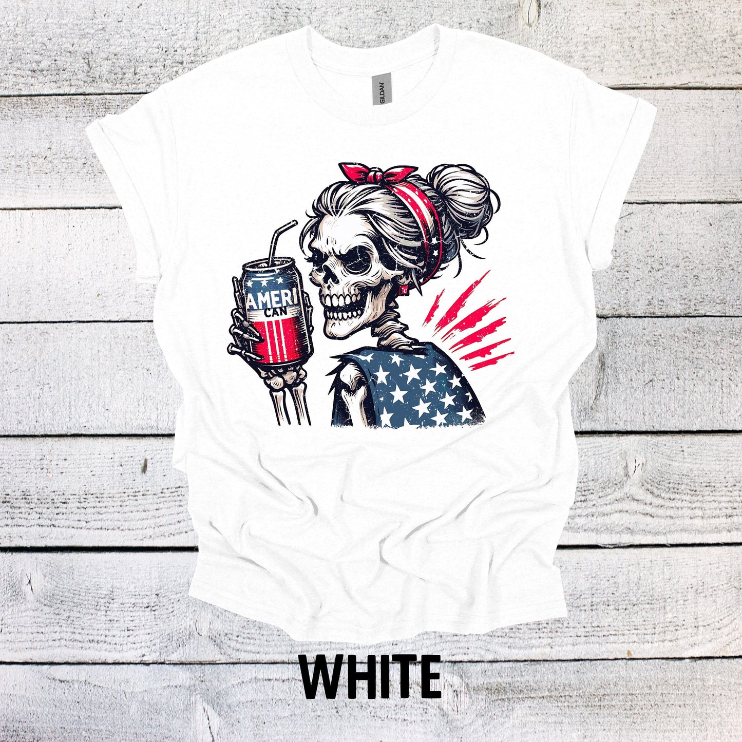 Red, White, and Blue AmeriCAN Skellie Shirt - Fourth of July Skeleton Graphic Tee