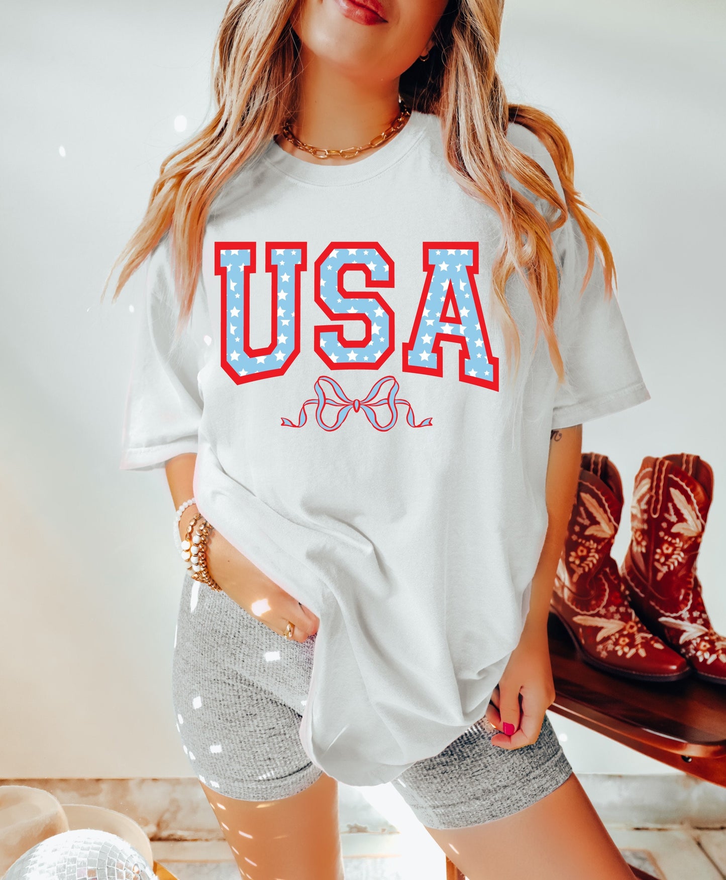 USA Coquette Bow July 4th Shirt, Coquette 4th of July Shirt, Retro 4th of July Shirt, Comfort Colors® Shirt, Summertime Tee Coquette Girly