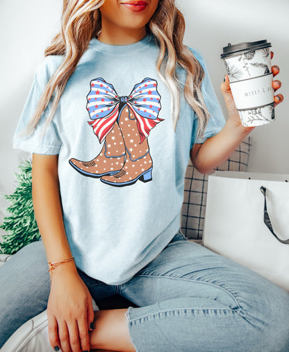 Cowgirl Boots Big Bow July 4th Shirt, Coquette 4th of July Shirt, Retro 4th of July Shirt, Comfort Colors Tee, Summer Tee, Coquette Cowgirl