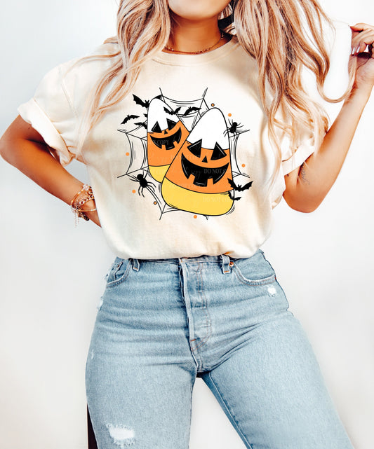 Candy Corn Webs Halloween Shirt, Halloween T-Shirt, Spooky Party Shirt, Oversized T-Shirt, Halloween Tee, Comfort Colors Shirt