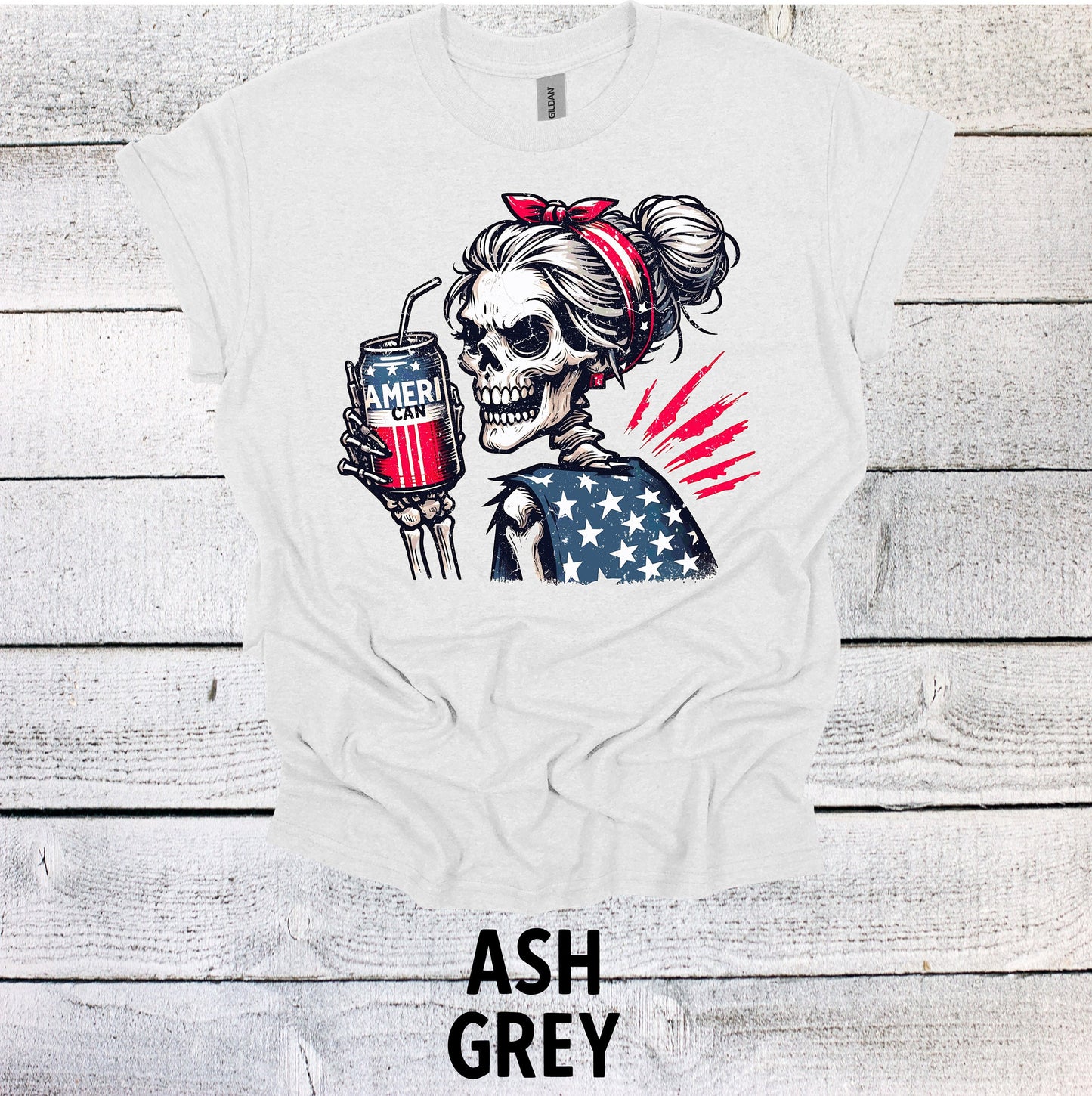 Red, White, and Blue AmeriCAN Skellie Shirt - Fourth of July Skeleton Graphic Tee