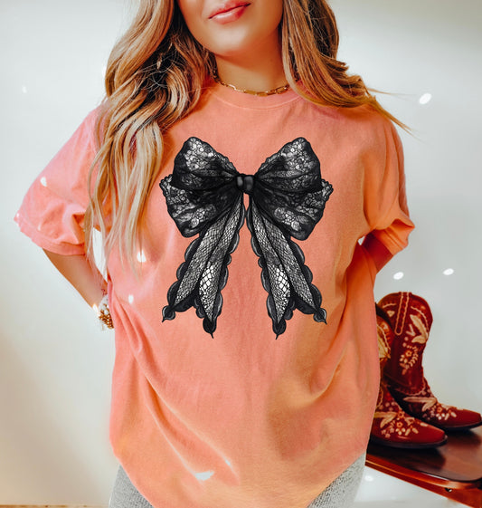 Black Lace Bow Halloween Shirt, Coquette Bow Halloween T-Shirt, Halloween Shirts, Skeleton Shirts, Spooky Season Shirt, Coquette Top