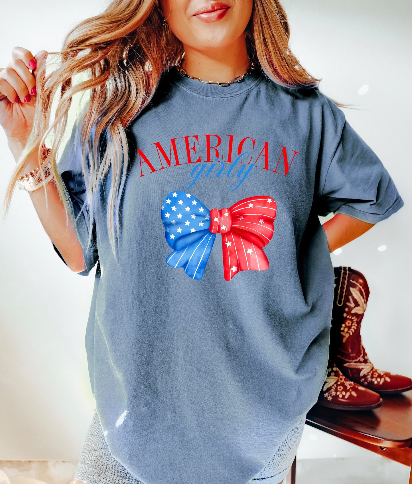 July 4th Shirt, Coquette 4th of July Shirt, USA Shirt, Retro 4th of July Shirt, Comfort Colors Shirt, Summertime Tee, American Girly Big Bow