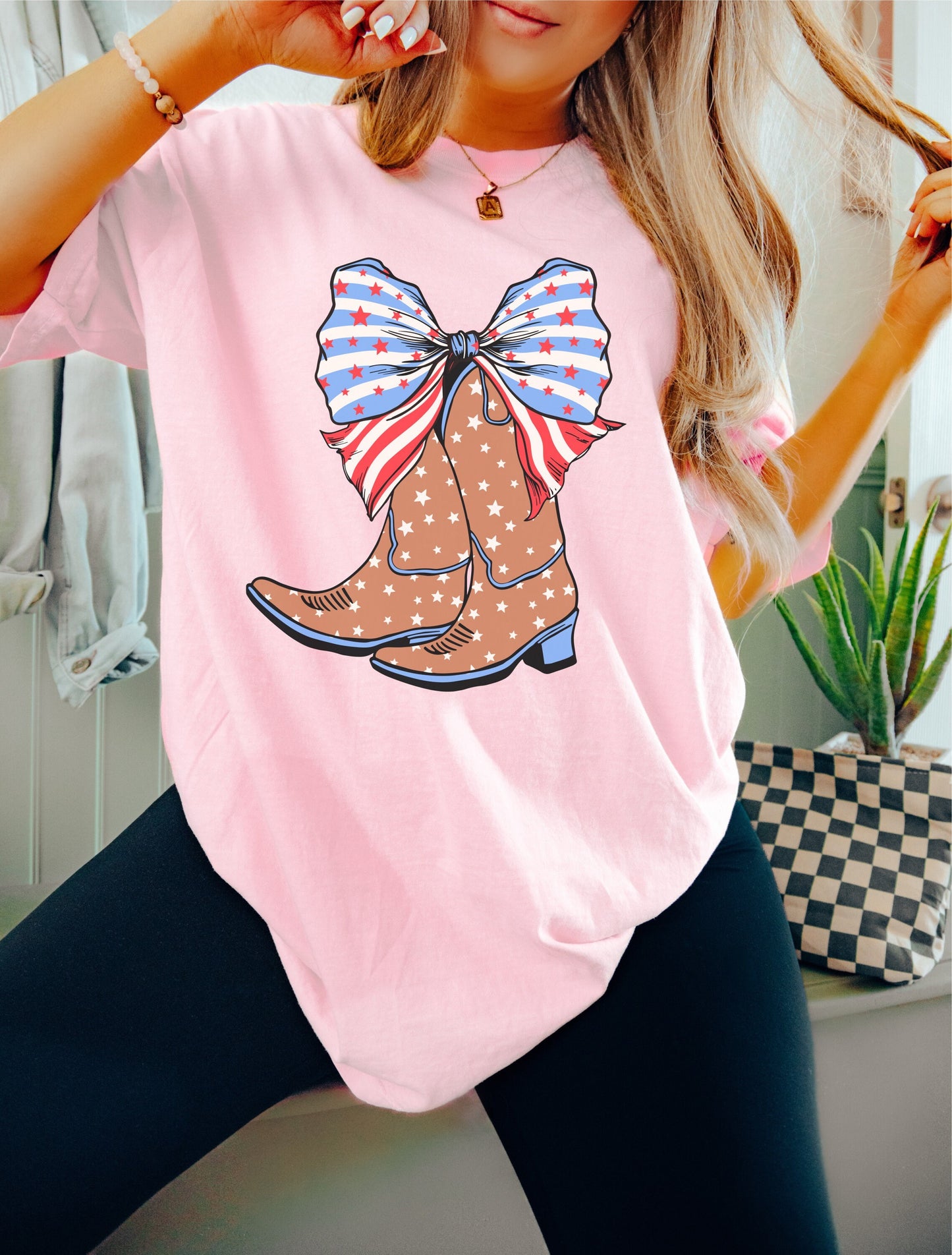 Cowgirl Boots Big Bow July 4th Shirt, Coquette 4th of July Shirt, Retro 4th of July Shirt, Comfort Colors Tee, Summer Tee, Coquette Cowgirl