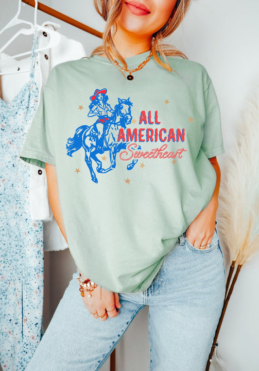 All American Sweetheart July 4th Shirt, Cowgirl 4th of July Shirt, USA Shirt, Retro 4th of July Shirt, Western Girl T-Shirt, Summertime Tee
