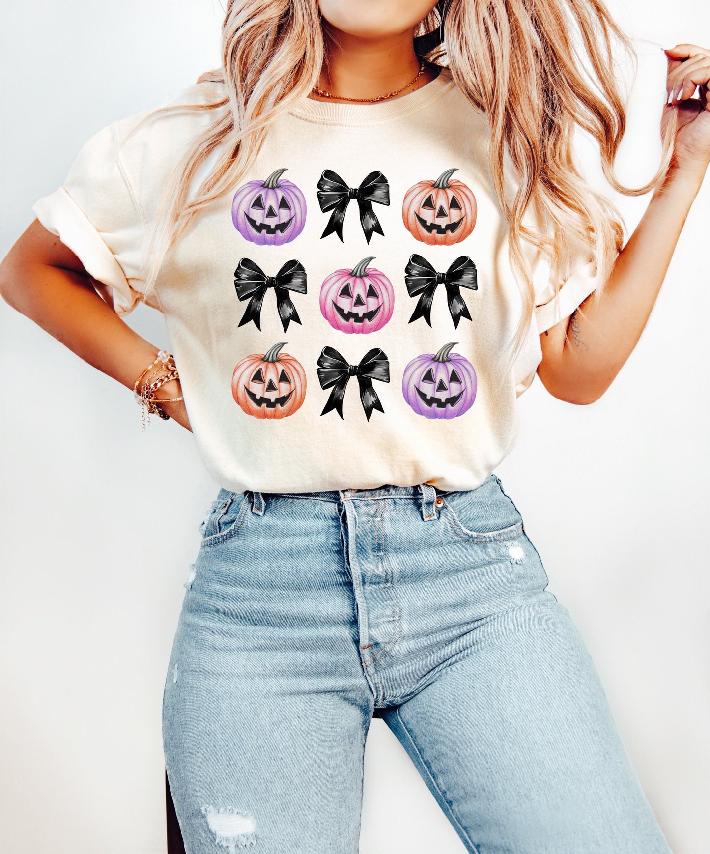 Pastel Pumpkins and Bows Collage Halloween Shirt, Coquette Bow Halloween Shirt, Halloween Shirts, Spooky Season Shirt, Coquette Top